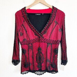 Dolce Cabo Shirt Beaded Fishnet Crochet Top 90's Y2K Whimsigoth Witchy